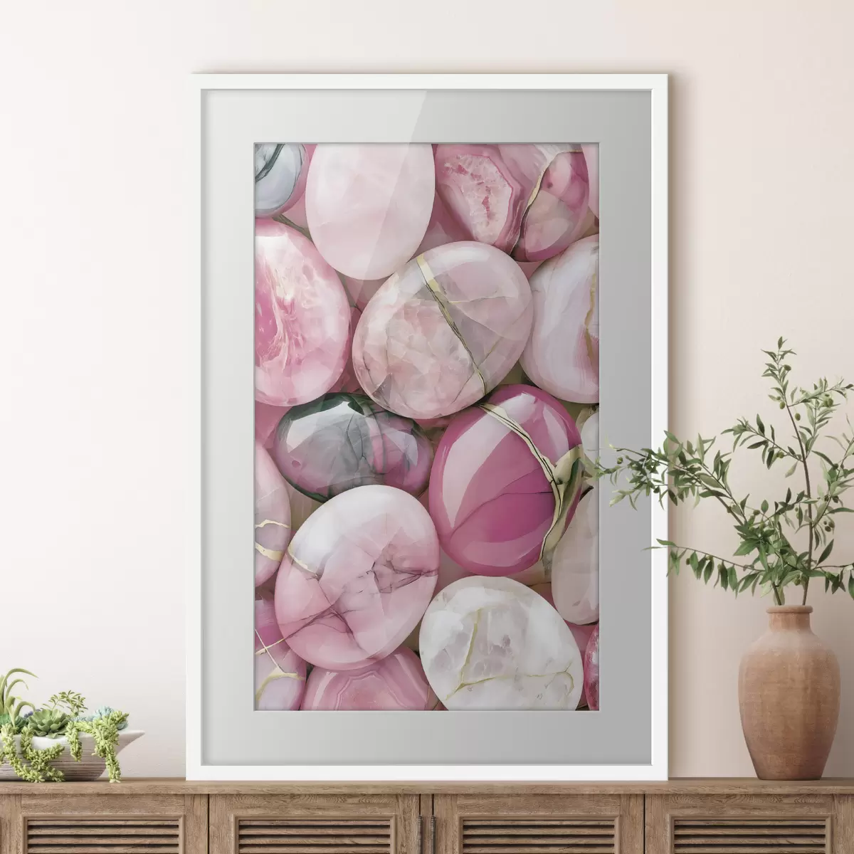 Poster Un'elegante composizione "flat lay" di pietre preziose levigate in varie tonalità di rosa cipria f49872