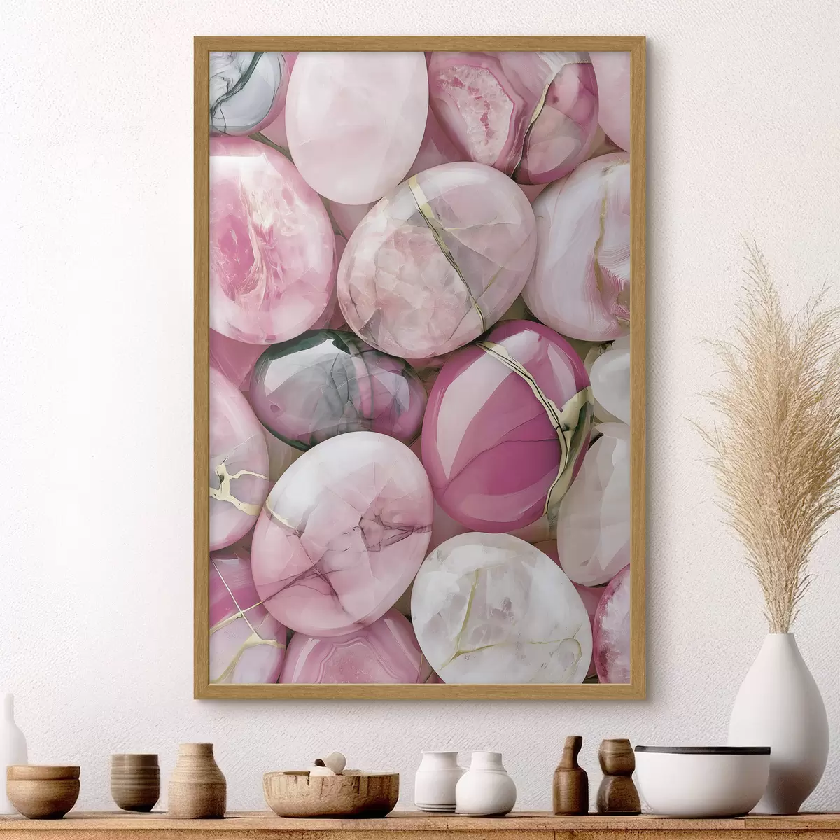 Poster Un'elegante composizione "flat lay" di pietre preziose levigate in varie tonalità di rosa cipria f49872