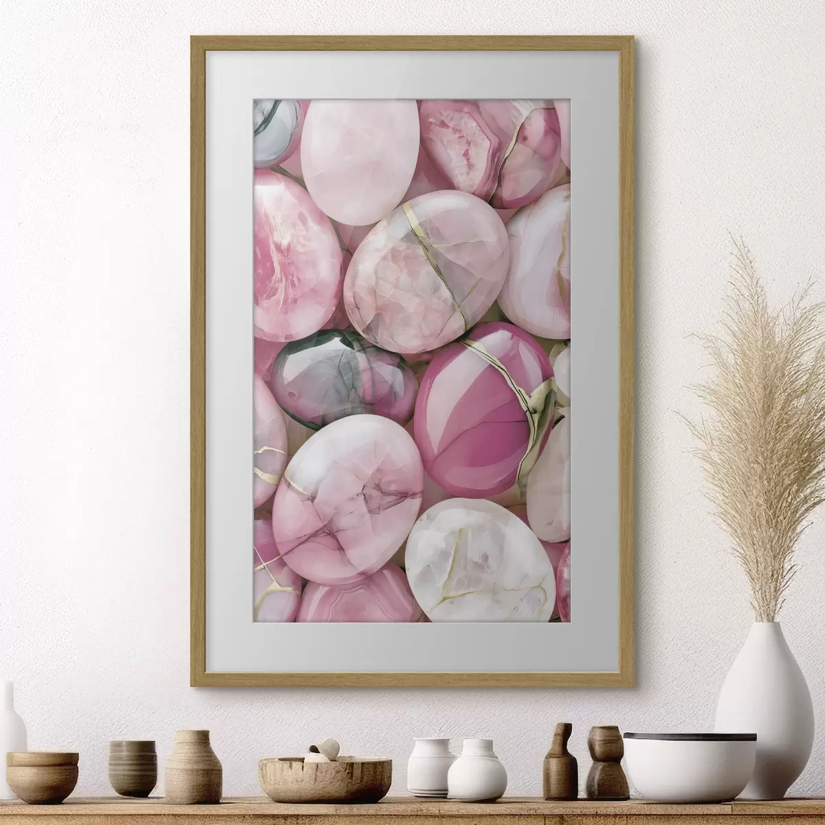 Poster Un'elegante composizione "flat lay" di pietre preziose levigate in varie tonalità di rosa cipria f49872