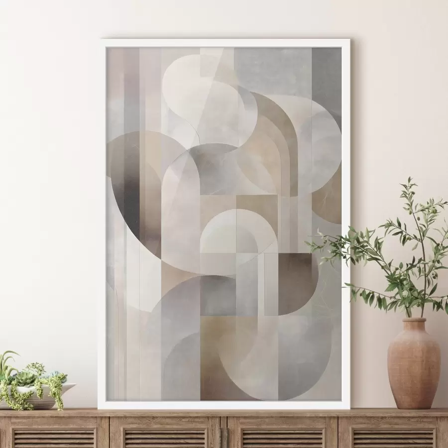 carta da parati Una composizione minimalista, geometrica e astratta, caratterizzata da una tavolozza di tenui tonalità di beige, crema, grigio-marrone e grigio-beige nr. f49876