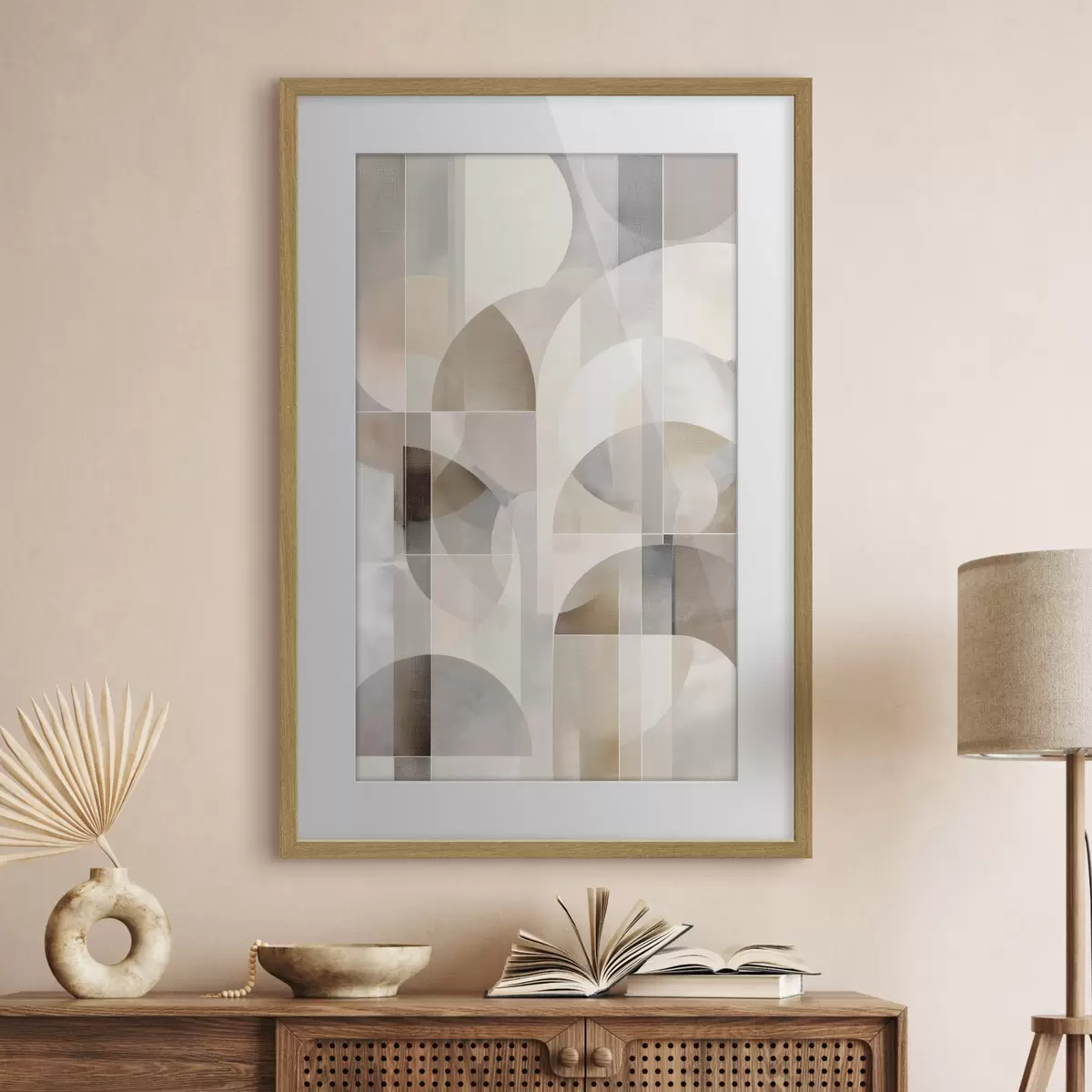 Poster Una composizione minimalista, geometrica e astratta, caratterizzata da una tavolozza di tenui tonalità di beige, crema, grigio-marrone e grigio-beige f49877