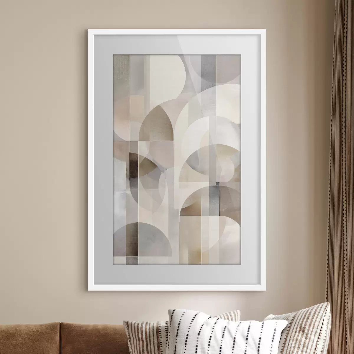 Poster Una composizione minimalista, geometrica e astratta, caratterizzata da una tavolozza di tenui tonalità di beige, crema, grigio-marrone e grigio-beige f49877