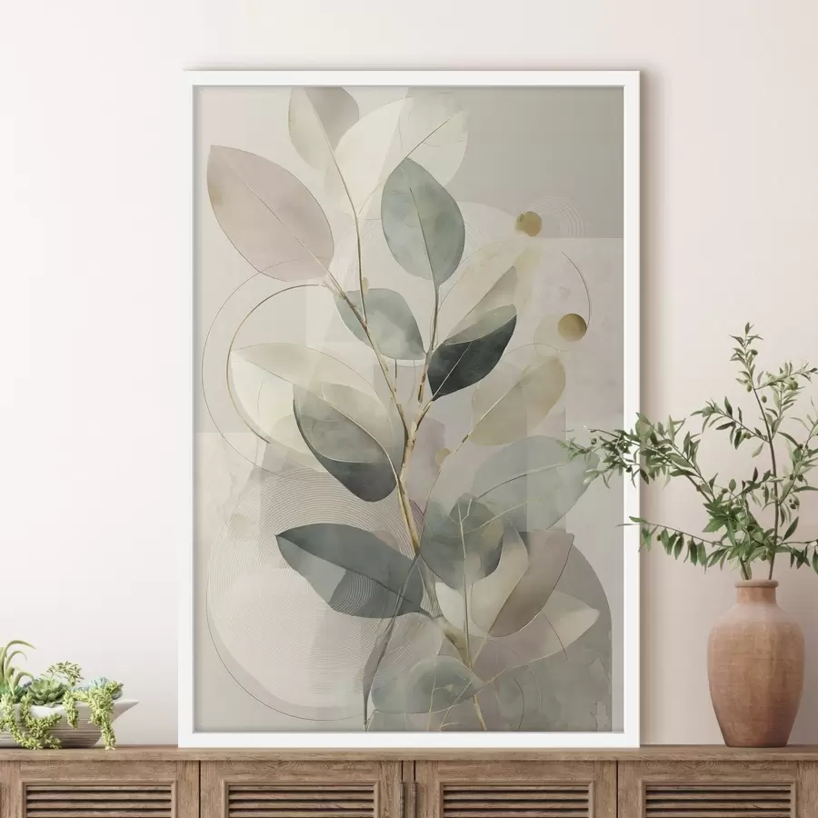 carta da parati Opera d'arte astratta in stile minimalista e botanico, raffigurante un elegante ramo d'ulivo con delicate foglie color verde salvia e beige caldo nr. f49878