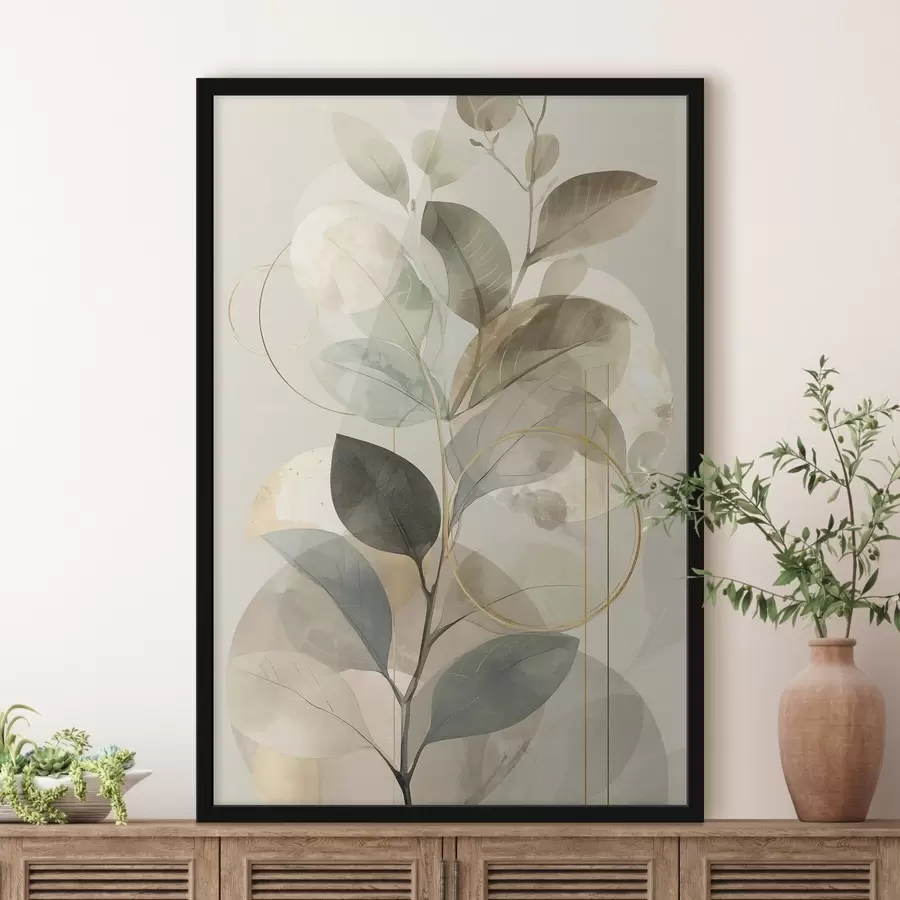 carta da parati Opera d'arte astratta in stile minimalista e botanico, raffigurante un elegante ramo d'ulivo con delicate foglie color verde salvia e beige caldo nr. f49879
