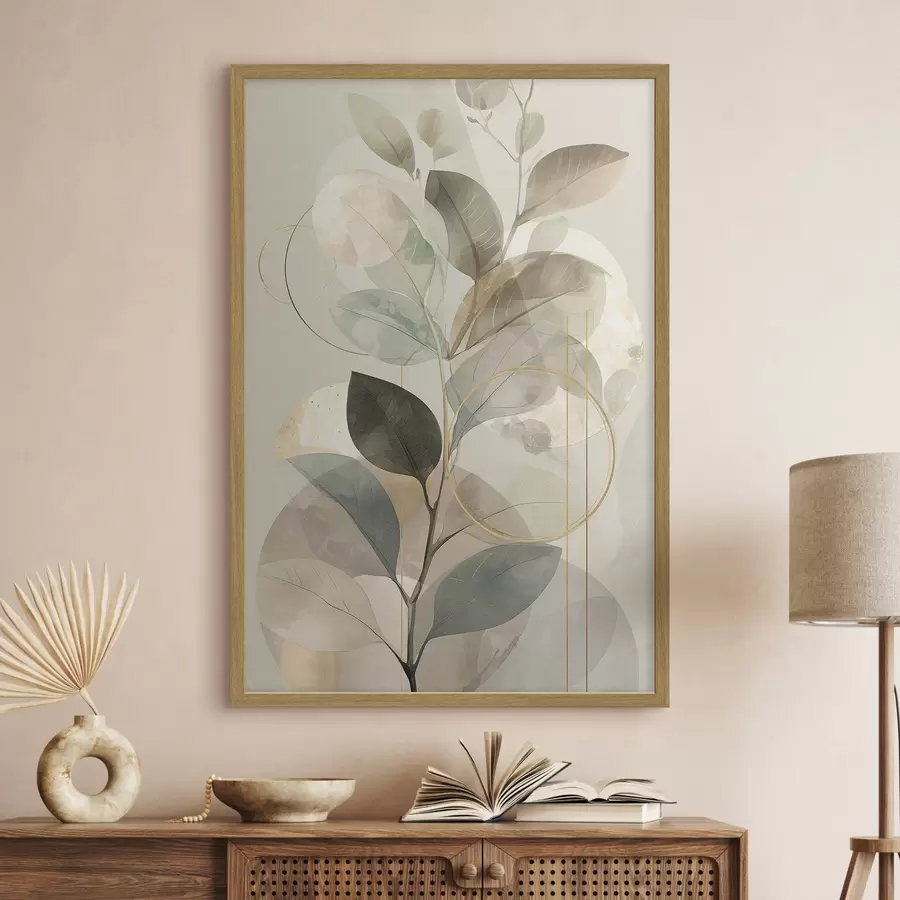 carta da parati Opera d'arte astratta in stile minimalista e botanico, raffigurante un elegante ramo d'ulivo con delicate foglie color verde salvia e beige caldo nr. f49879