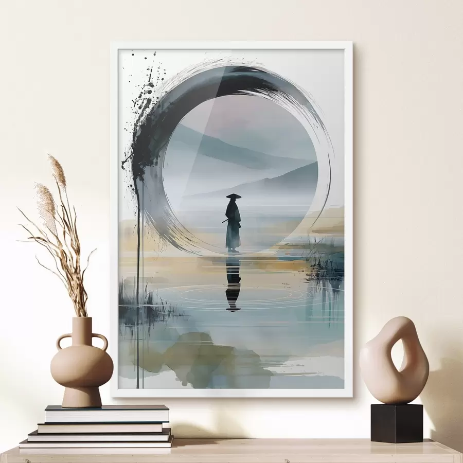 carta da parati Un'illustrazione zen contemporanea che raffigura un samurai, un cerchio enso, un paesaggio ad acquerello e un riflesso nello specchio nr. f49880