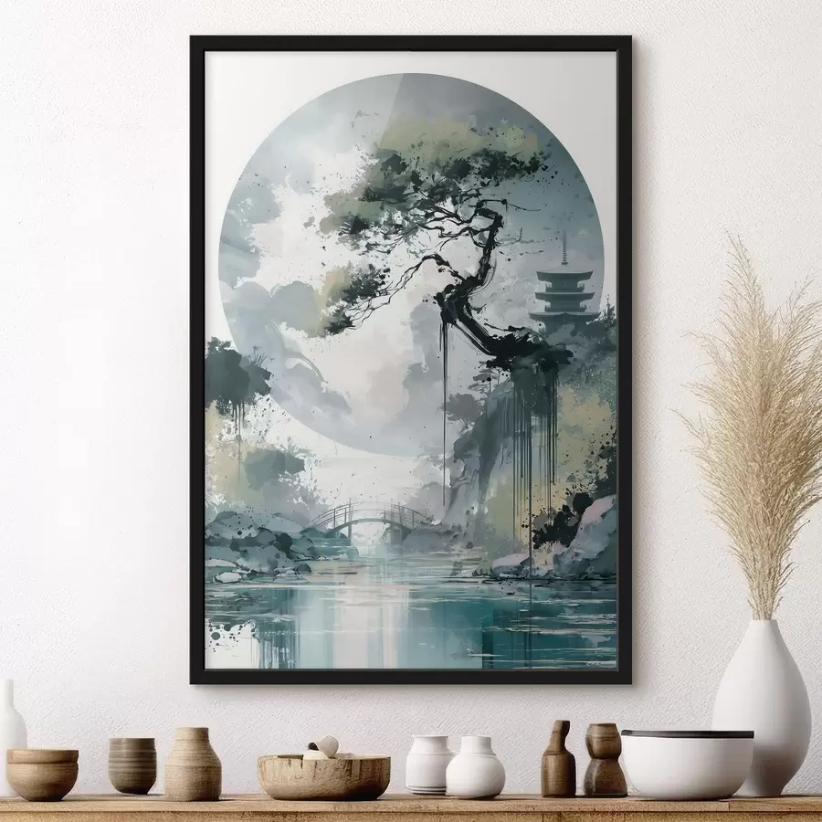 carta da parati Un paesaggio in stile sumi-e giapponese che raffigura un pino slanciato, un ponte e una pagoda sullo sfondo di acque tranquille nr. f49881