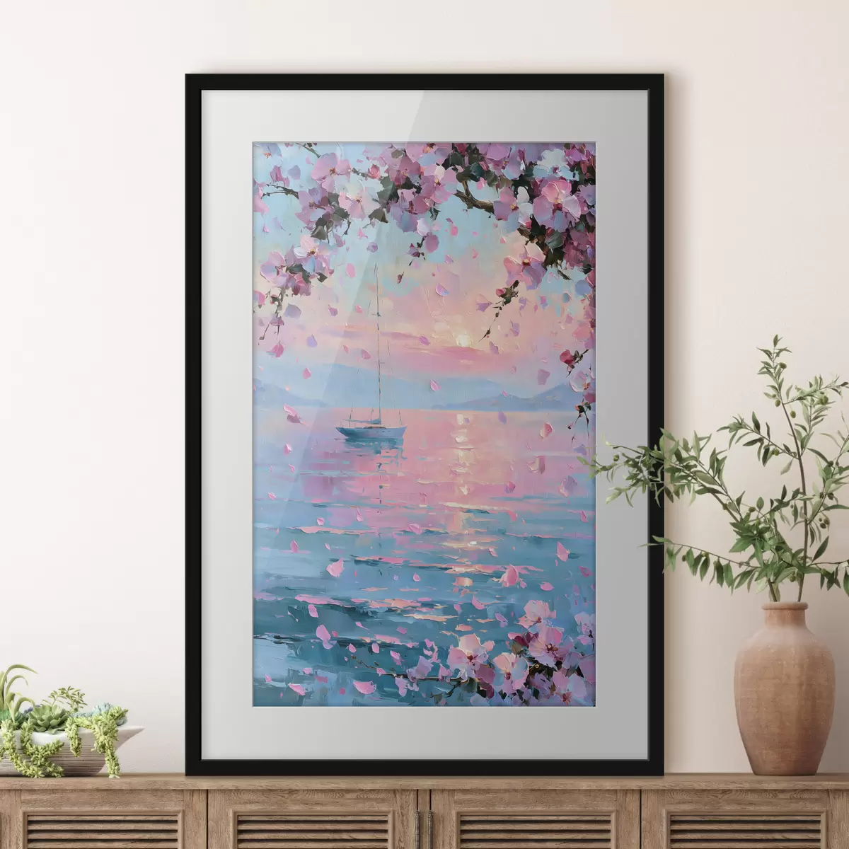 Poster Un elegante yacht bianco in mare al tramonto, sotto i rami in fiore di un albero di sakura rosa, nello stile di un dipinto a olio f49883