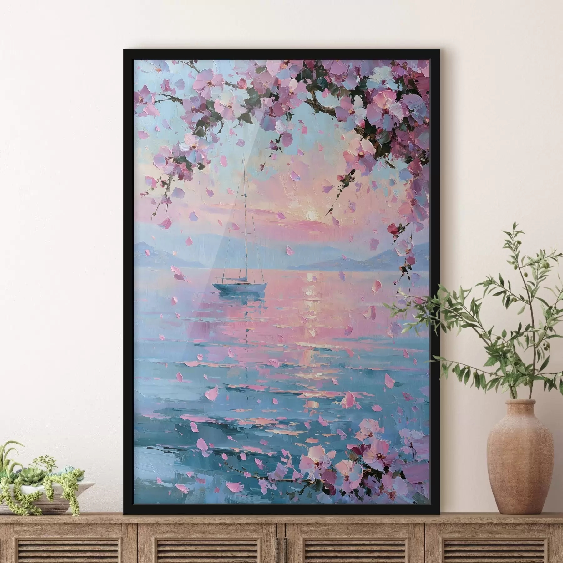 carta da parati Un elegante yacht bianco in mare al tramonto, sotto i rami in fiore di un albero di sakura rosa, nello stile di un dipinto a olio nr. f49883