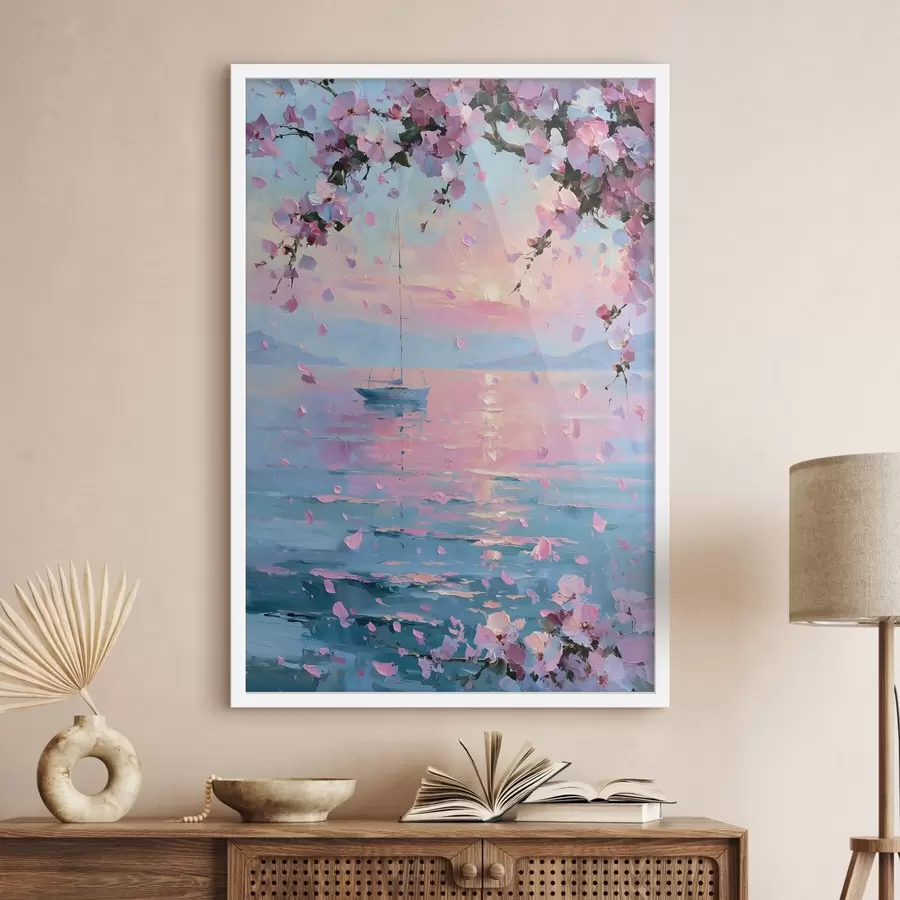 carta da parati Un elegante yacht bianco in mare al tramonto, sotto i rami in fiore di un albero di sakura rosa, nello stile di un dipinto a olio nr. f49883