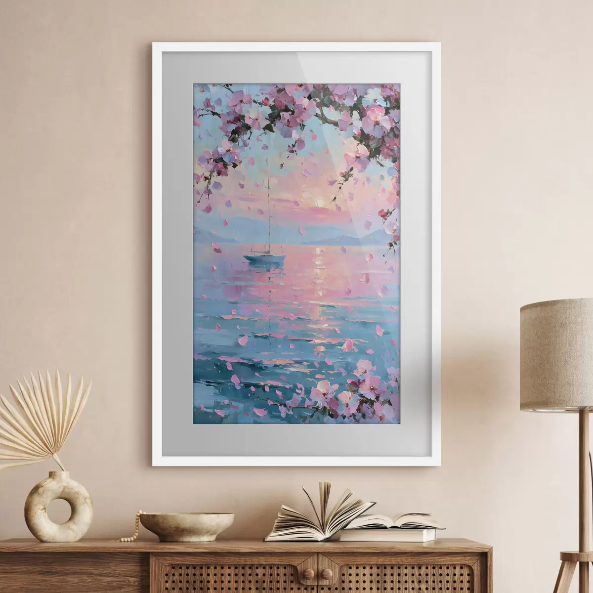 Poster Un elegante yacht bianco in mare al tramonto, sotto i rami in fiore di un albero di sakura rosa, nello stile di un dipinto a olio f49883