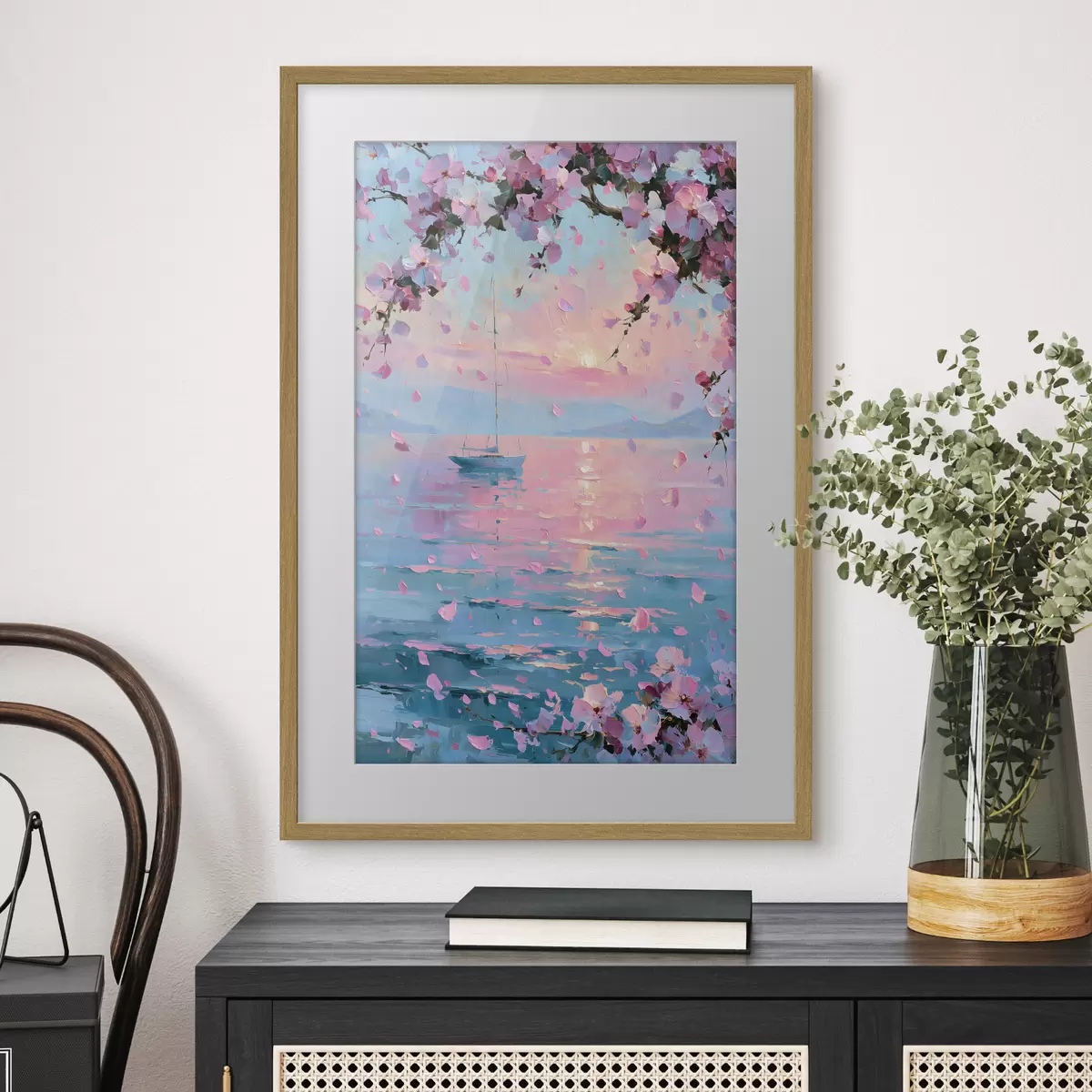 Poster Un elegante yacht bianco in mare al tramonto, sotto i rami in fiore di un albero di sakura rosa, nello stile di un dipinto a olio f49883