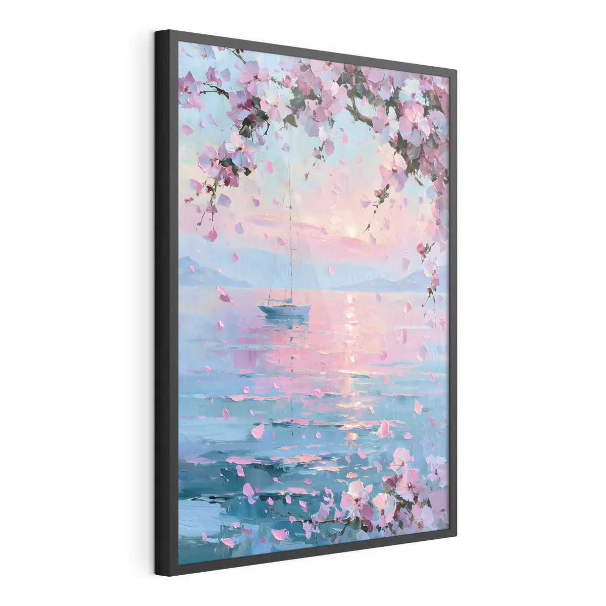 Poster Un elegante yacht bianco in mare al tramonto, sotto i rami in fiore di un albero di sakura rosa, nello stile di un dipinto a olio f49883