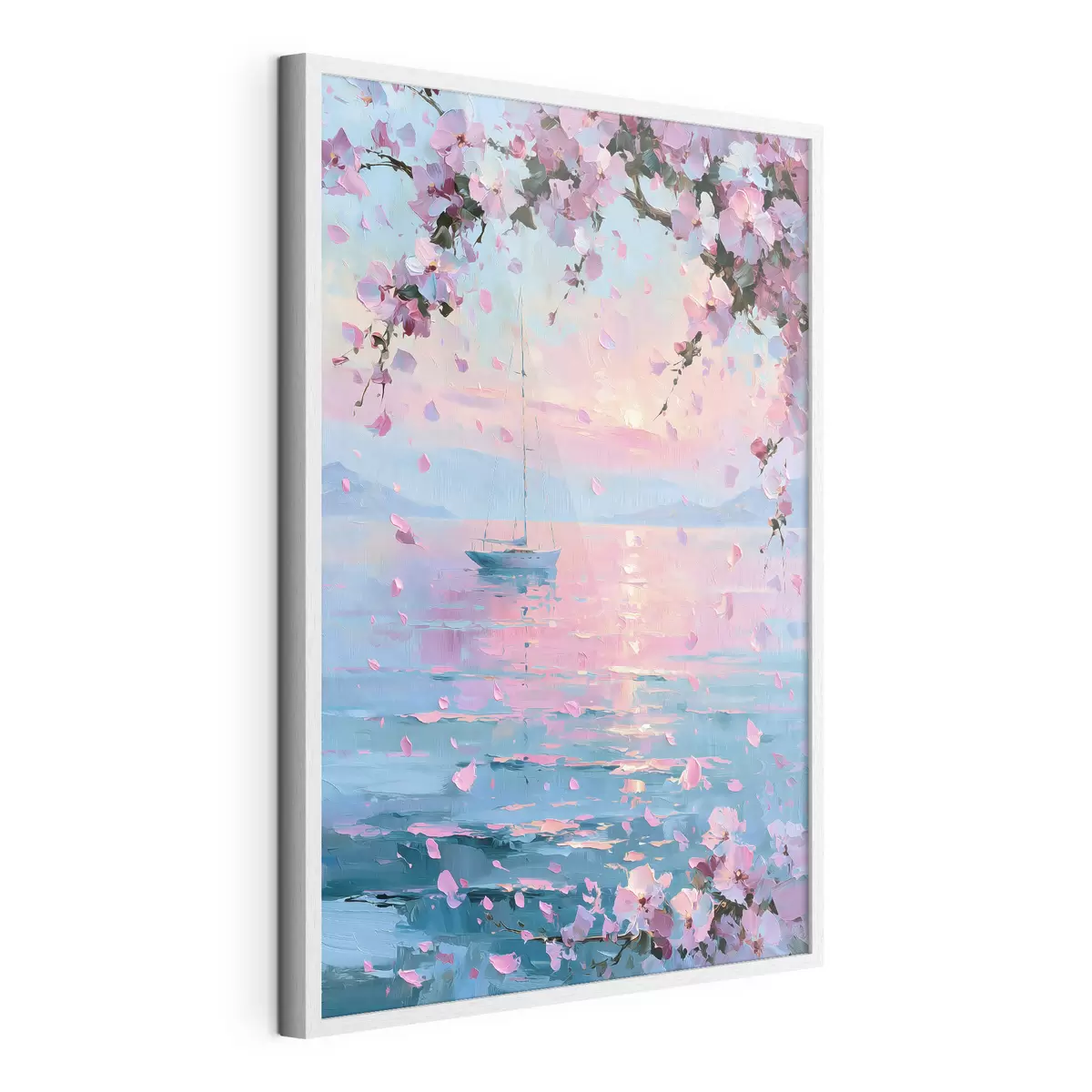 Poster Un elegante yacht bianco in mare al tramonto, sotto i rami in fiore di un albero di sakura rosa, nello stile di un dipinto a olio f49883