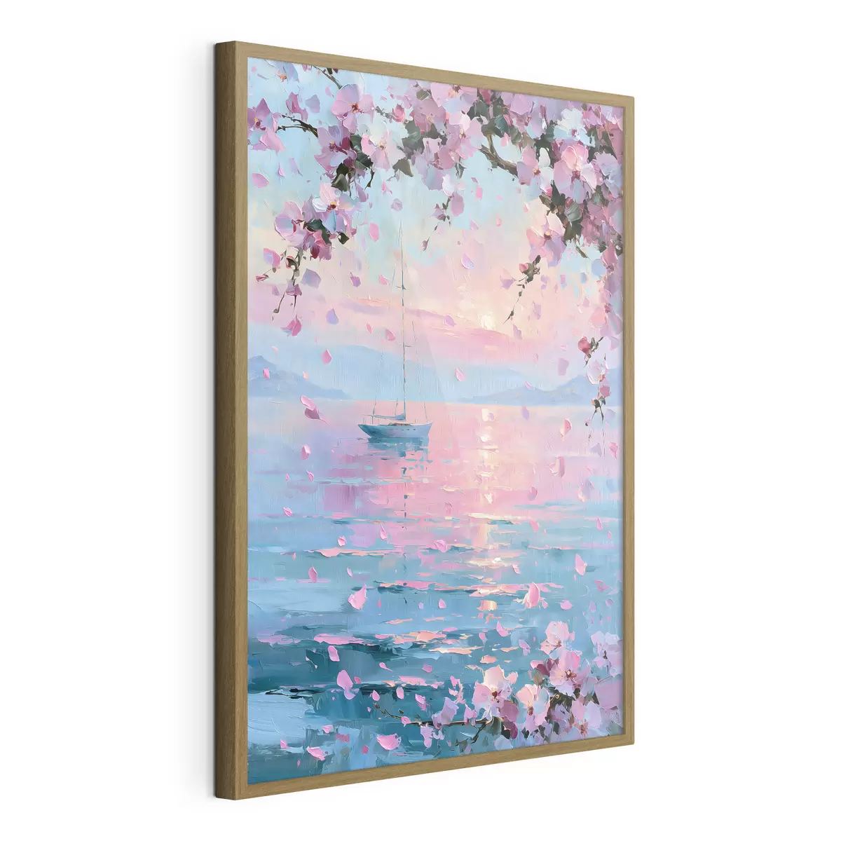 Poster Un elegante yacht bianco in mare al tramonto, sotto i rami in fiore di un albero di sakura rosa, nello stile di un dipinto a olio f49883