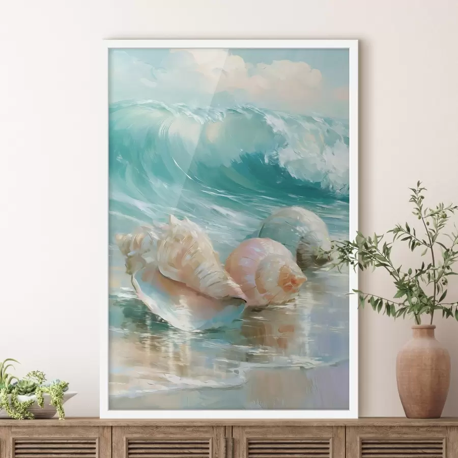 carta da parati Una tranquilla natura morta costiera: tre delicate conchiglie adagiate sulla sabbia liscia e umida in riva al mare, in stile pittura a olio nr. f49884