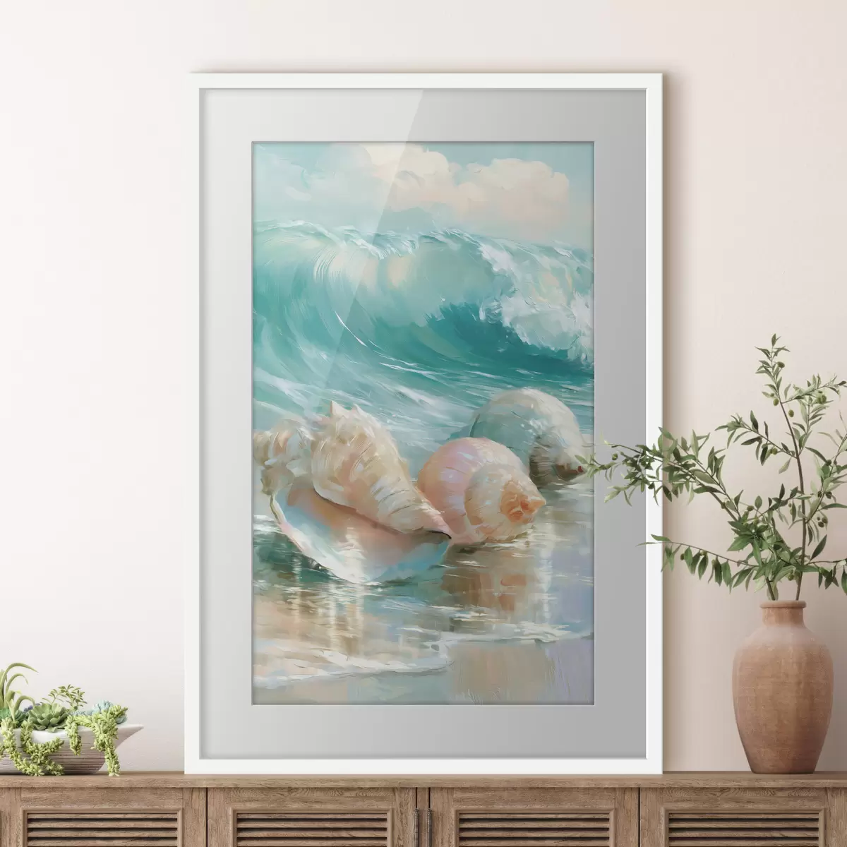 Poster Una tranquilla natura morta costiera: tre delicate conchiglie adagiate sulla sabbia liscia e umida in riva al mare, in stile pittura a olio f49884