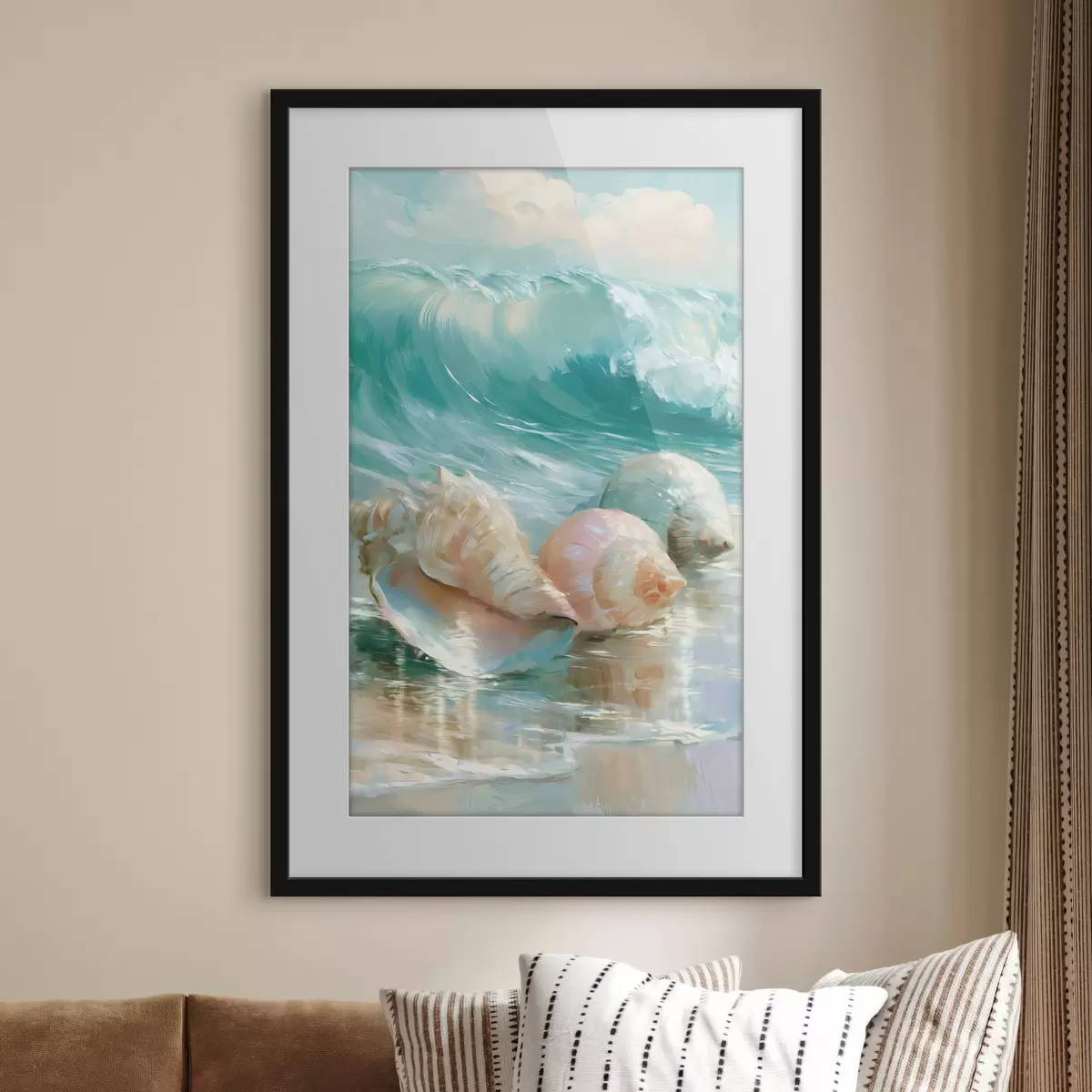 Poster Una tranquilla natura morta costiera: tre delicate conchiglie adagiate sulla sabbia liscia e umida in riva al mare, in stile pittura a olio f49884