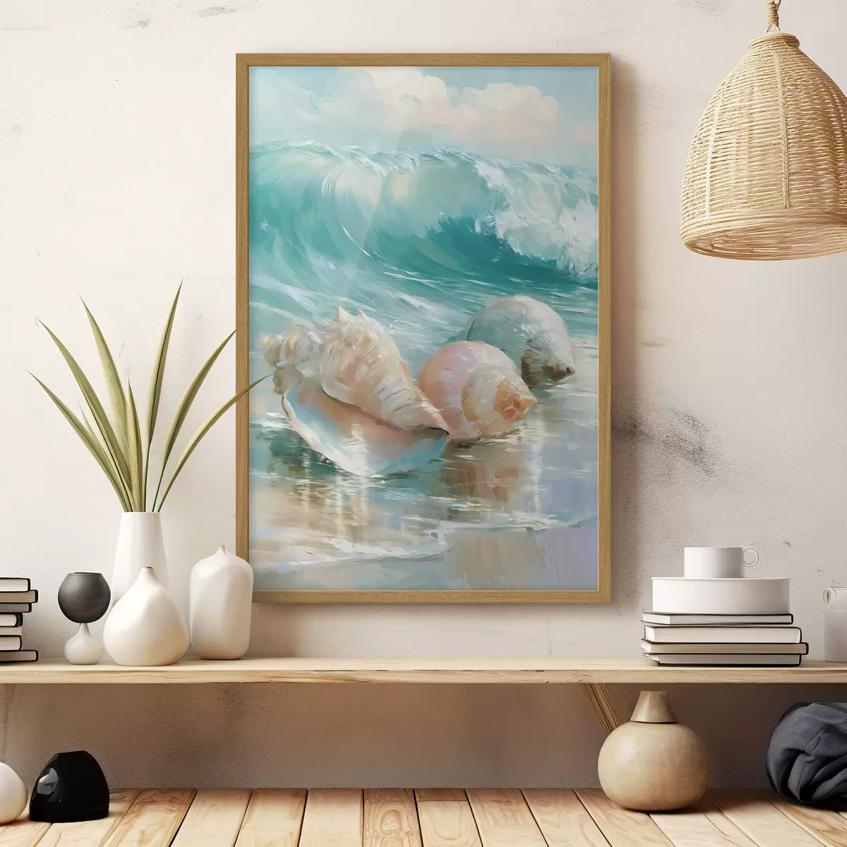 Poster Una tranquilla natura morta costiera: tre delicate conchiglie adagiate sulla sabbia liscia e umida in riva al mare, in stile pittura a olio f49884