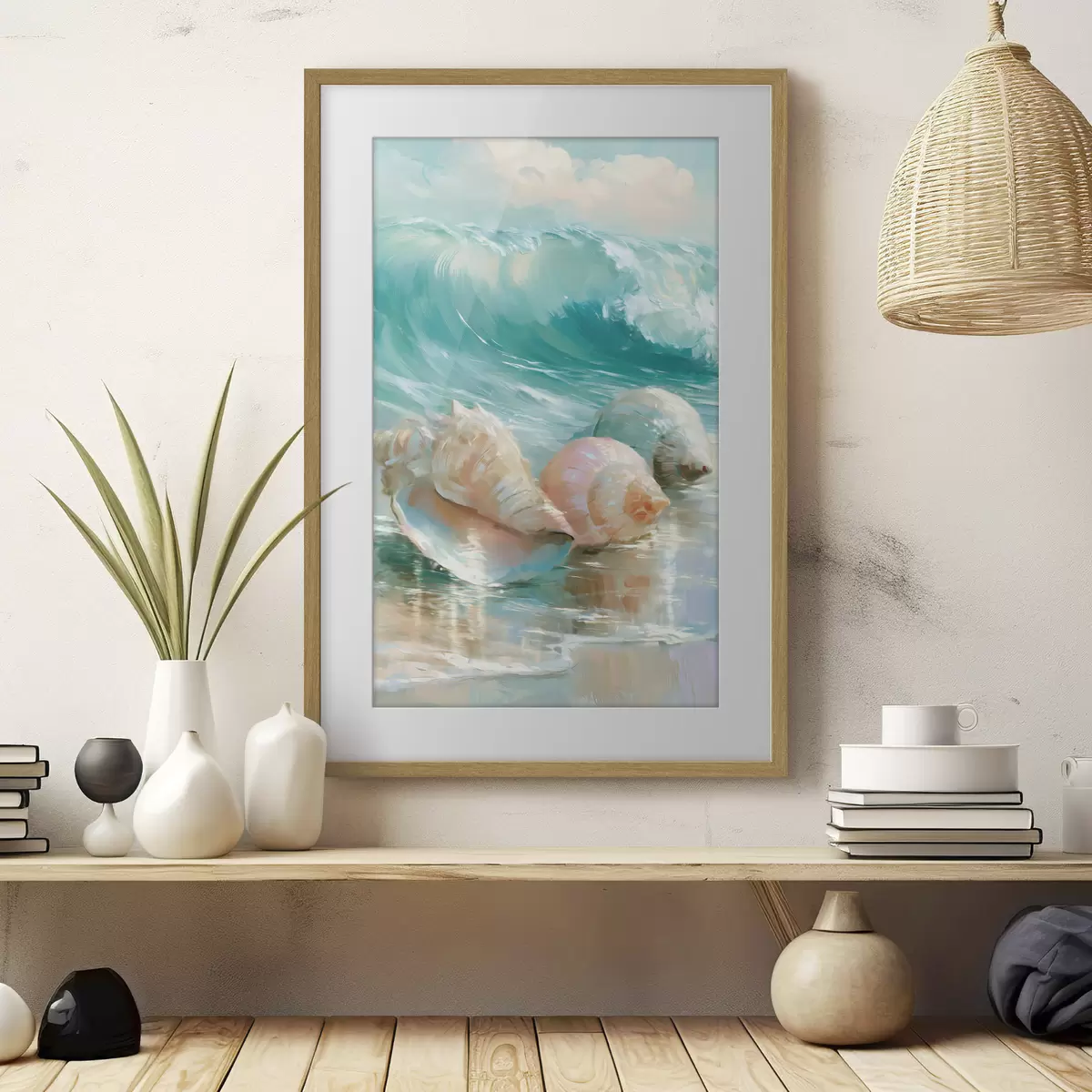 Poster Una tranquilla natura morta costiera: tre delicate conchiglie adagiate sulla sabbia liscia e umida in riva al mare, in stile pittura a olio f49884
