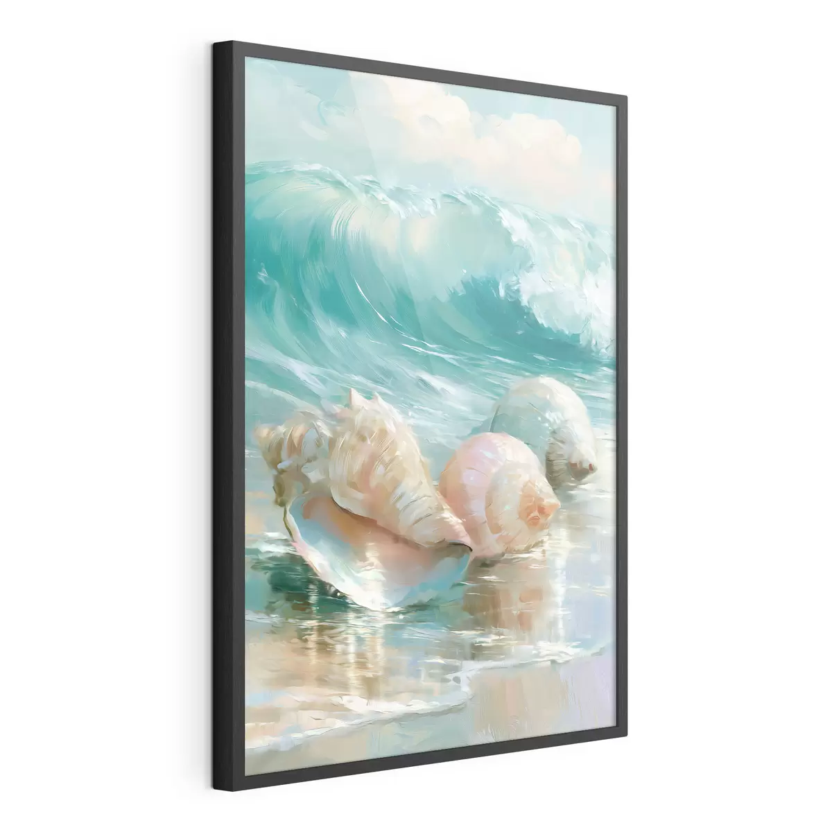 Poster Una tranquilla natura morta costiera: tre delicate conchiglie adagiate sulla sabbia liscia e umida in riva al mare, in stile pittura a olio f49884