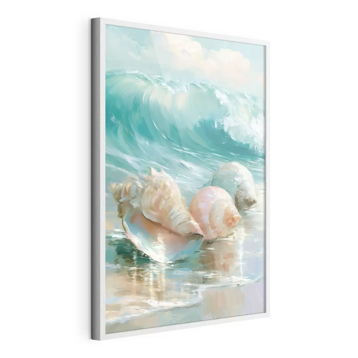 Poster Una tranquilla natura morta costiera: tre delicate conchiglie adagiate sulla sabbia liscia e umida in riva al mare, in stile pittura a olio f49884