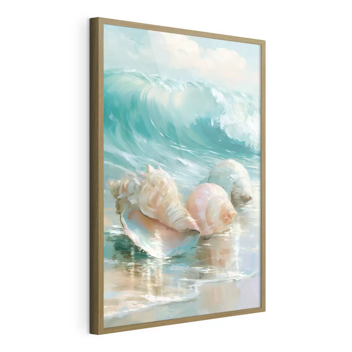 Poster Una tranquilla natura morta costiera: tre delicate conchiglie adagiate sulla sabbia liscia e umida in riva al mare, in stile pittura a olio f49884