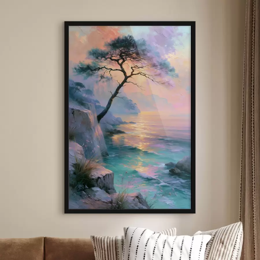 carta da parati Maestoso paesaggio della costa mediterranea al tramonto, dipinto in stile a olio, con in primo piano un antico pino segnato dalle intemperie nr. f49885