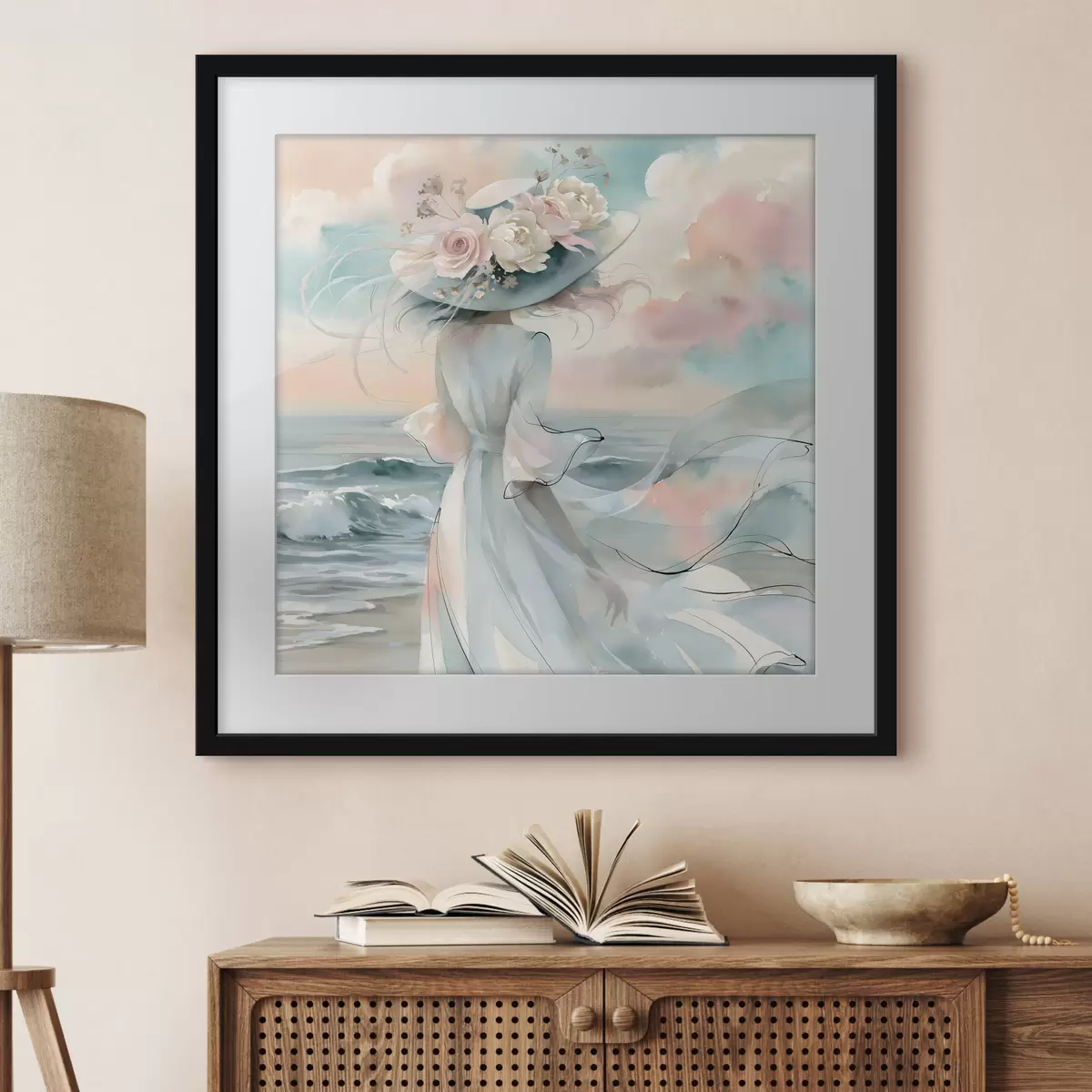 Poster Una ragazza romantica con un cappello a fiori in riva al mare, in stile acquerello f49890