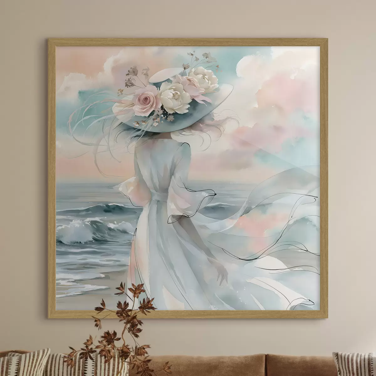 Poster Una ragazza romantica con un cappello a fiori in riva al mare, in stile acquerello f49890
