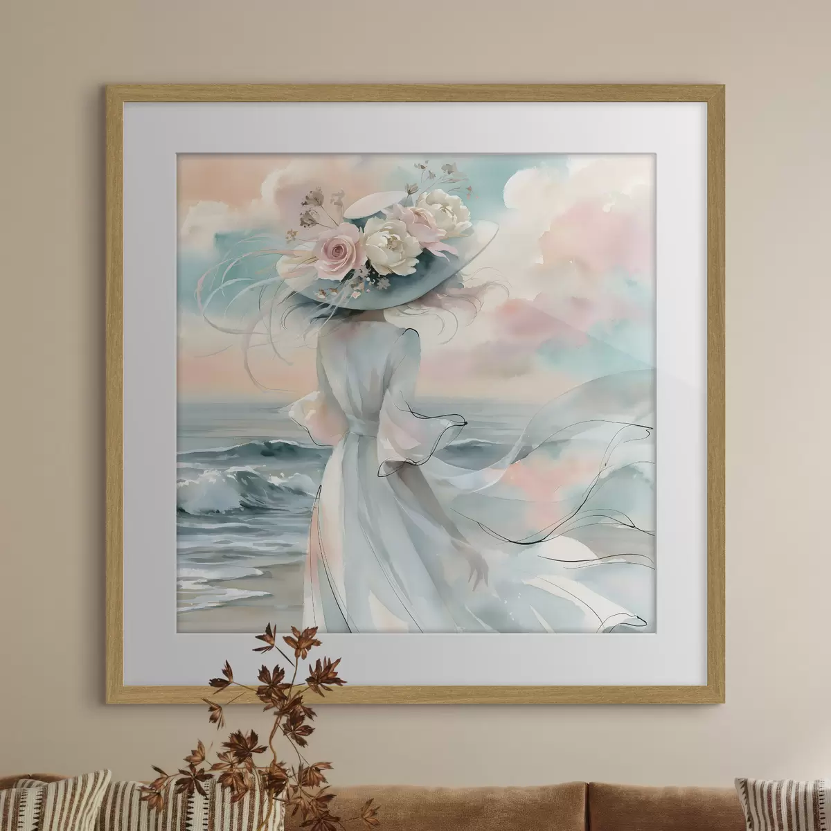Poster Una ragazza romantica con un cappello a fiori in riva al mare, in stile acquerello f49890
