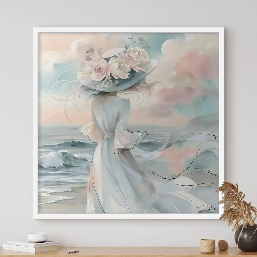 carta da parati Una ragazza romantica con un cappello a fiori in riva al mare, in stile acquerello nr. f49890