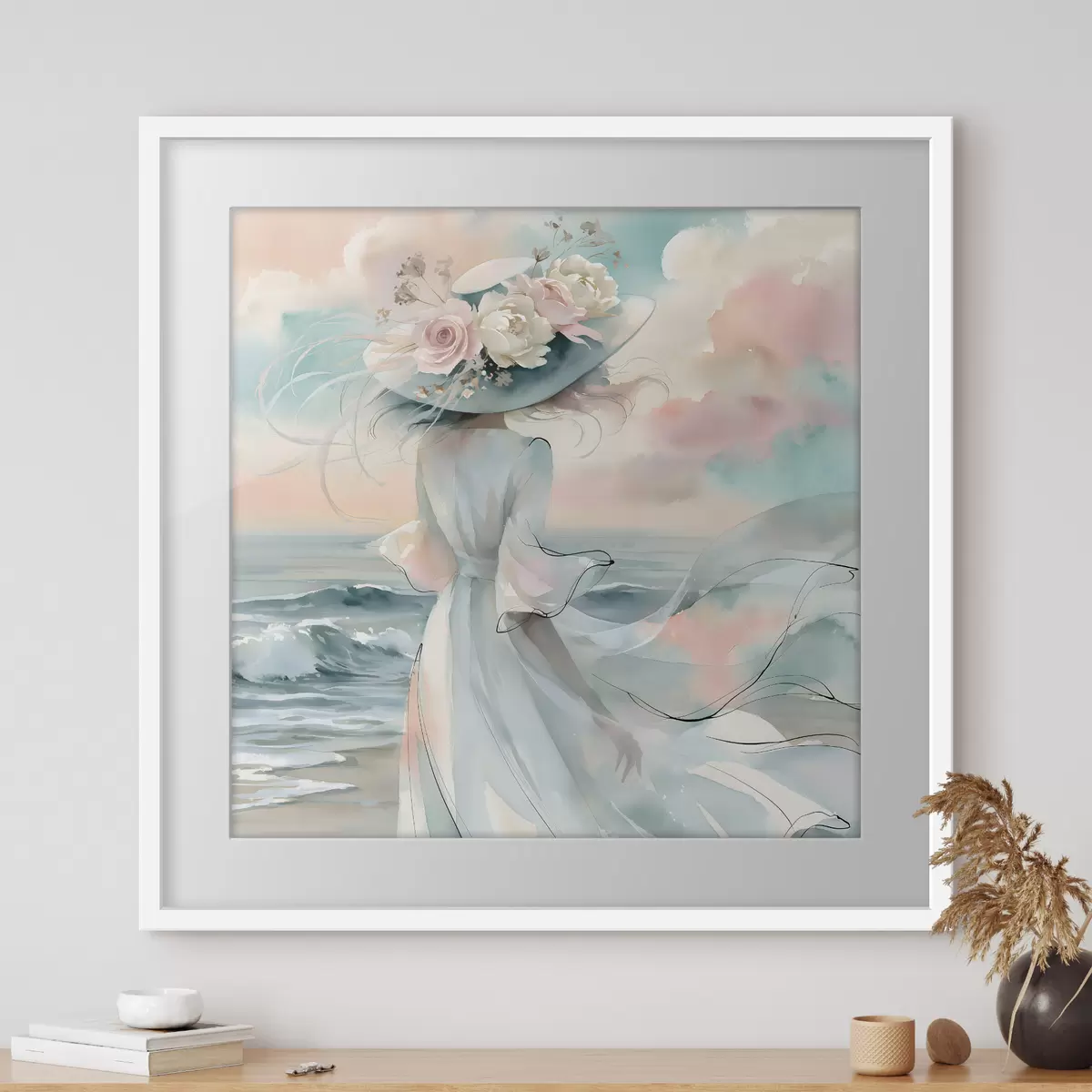 Poster Una ragazza romantica con un cappello a fiori in riva al mare, in stile acquerello f49890