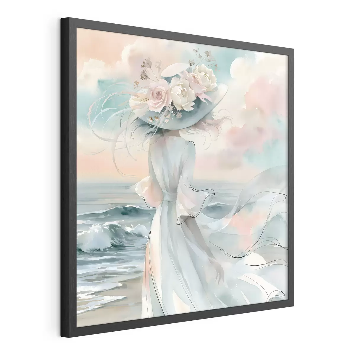 Poster Una ragazza romantica con un cappello a fiori in riva al mare, in stile acquerello f49890