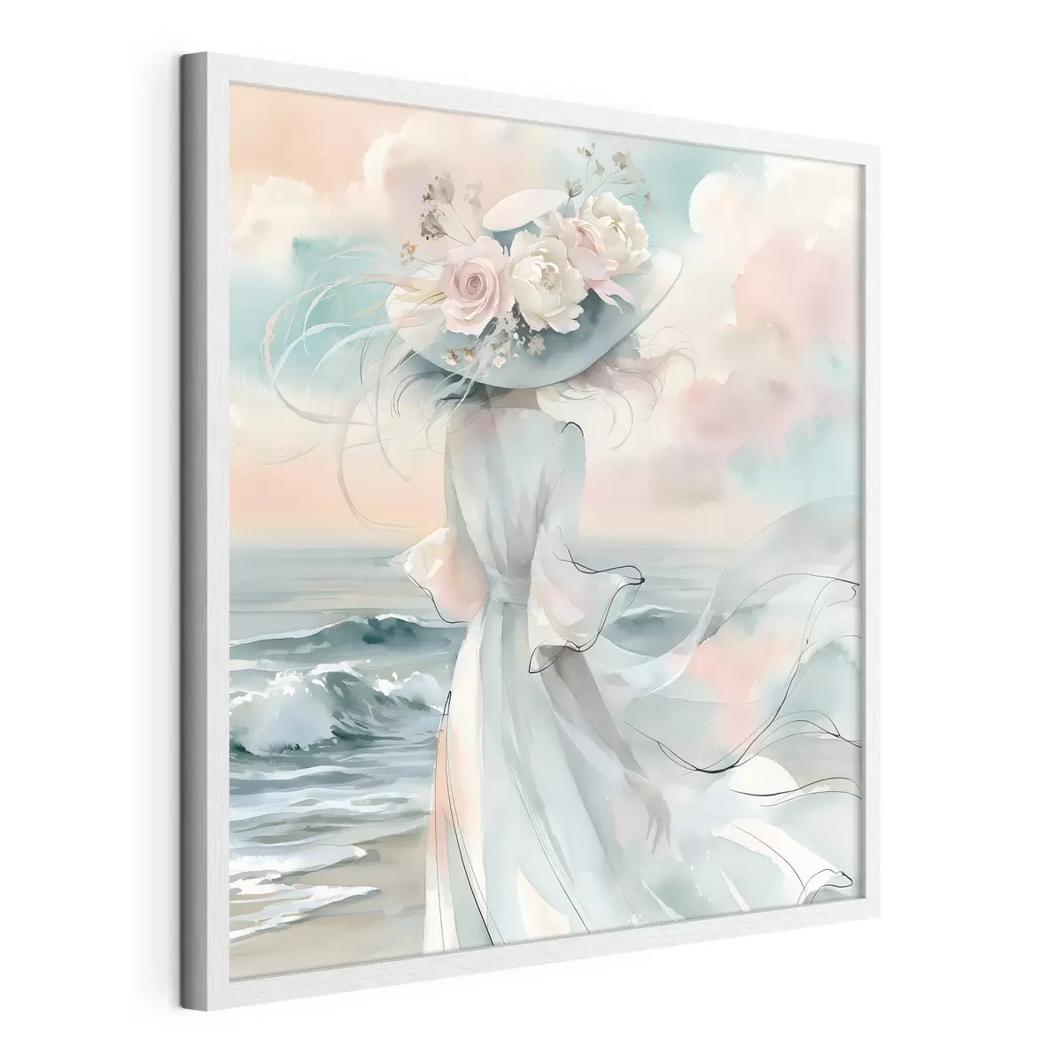 Poster Una ragazza romantica con un cappello a fiori in riva al mare, in stile acquerello f49890