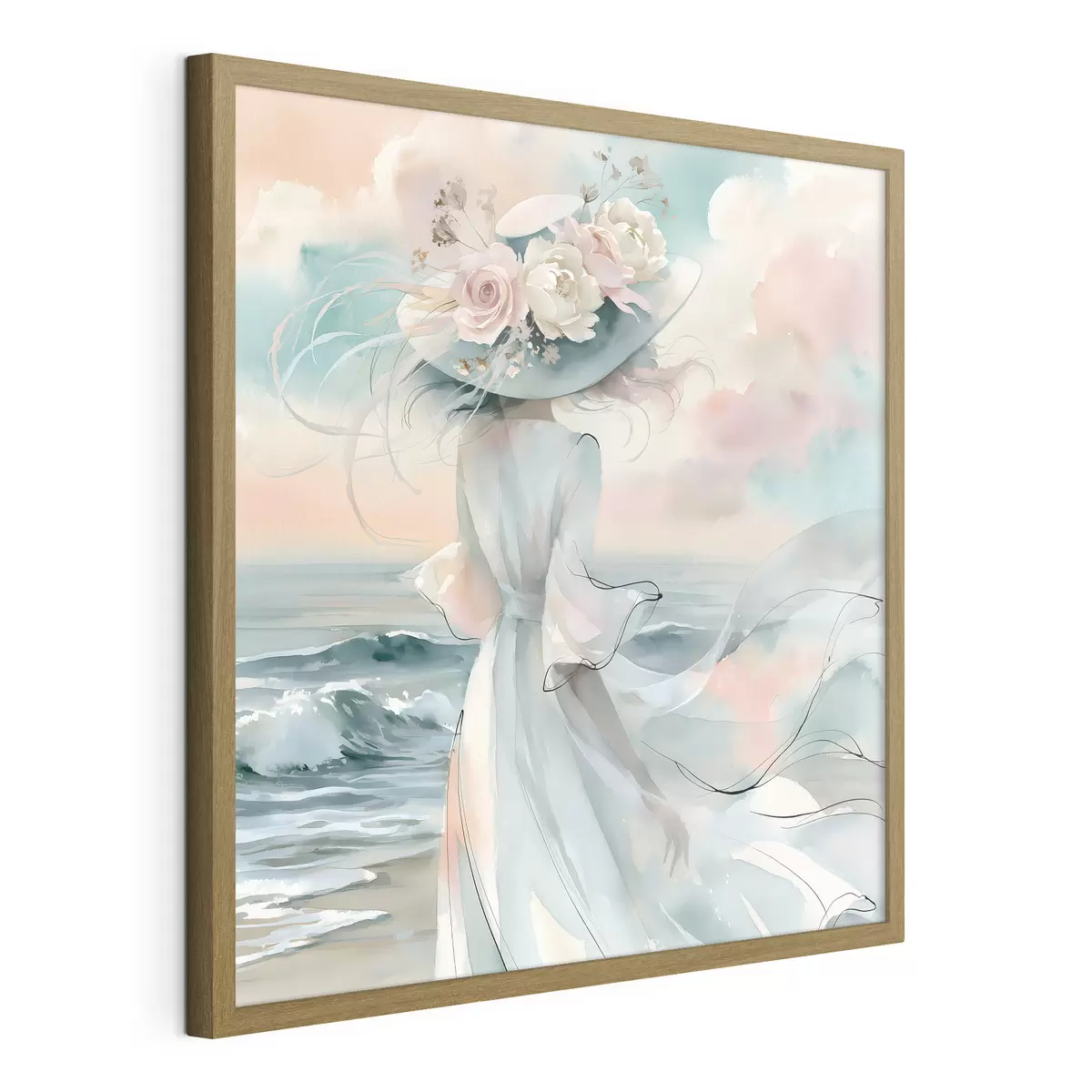 Poster Una ragazza romantica con un cappello a fiori in riva al mare, in stile acquerello f49890