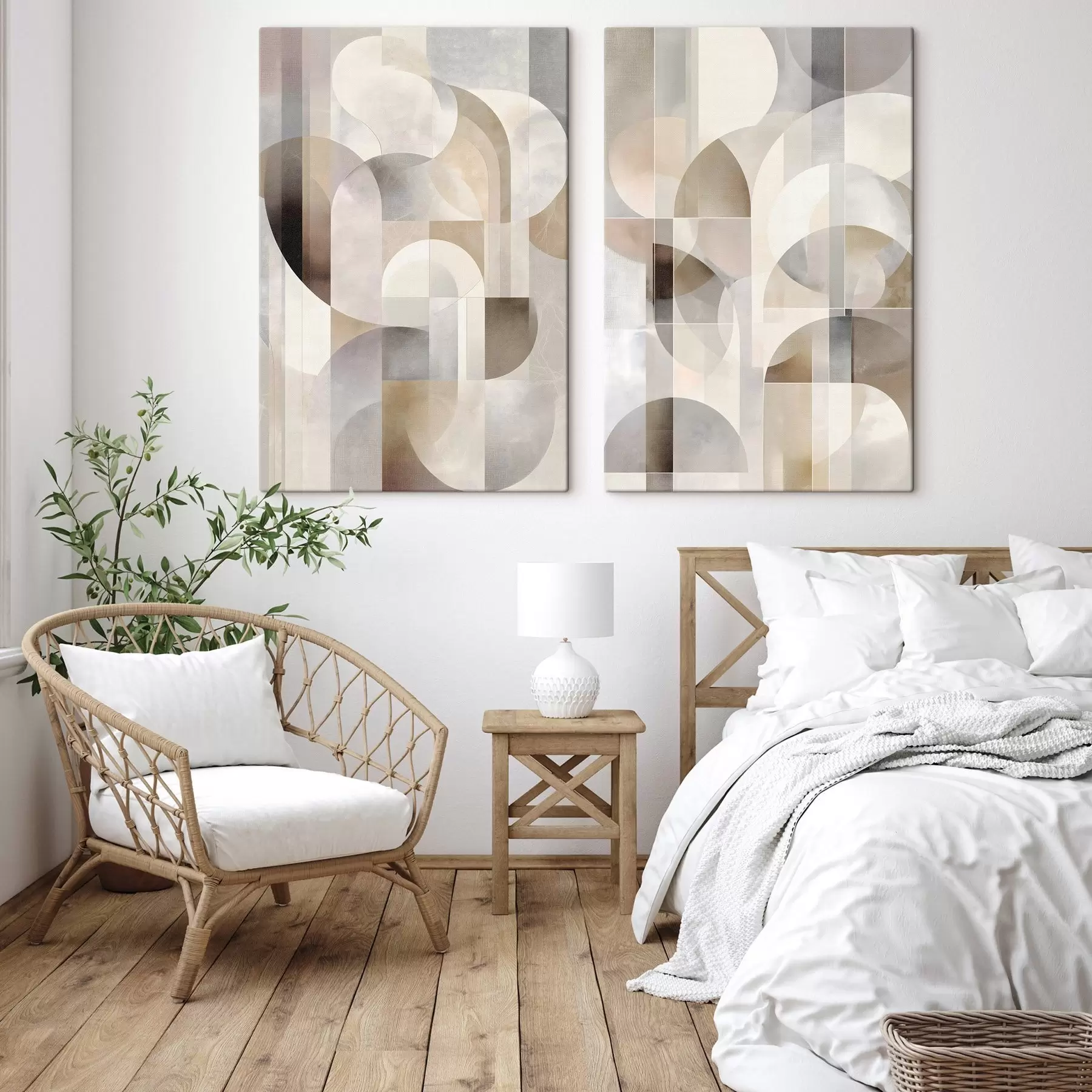 carta da parati Una composizione minimalista, geometrica e astratta, caratterizzata da una tavolozza di tenui tonalità di beige, crema, grigio-marrone e grigio-beige nr. m30725