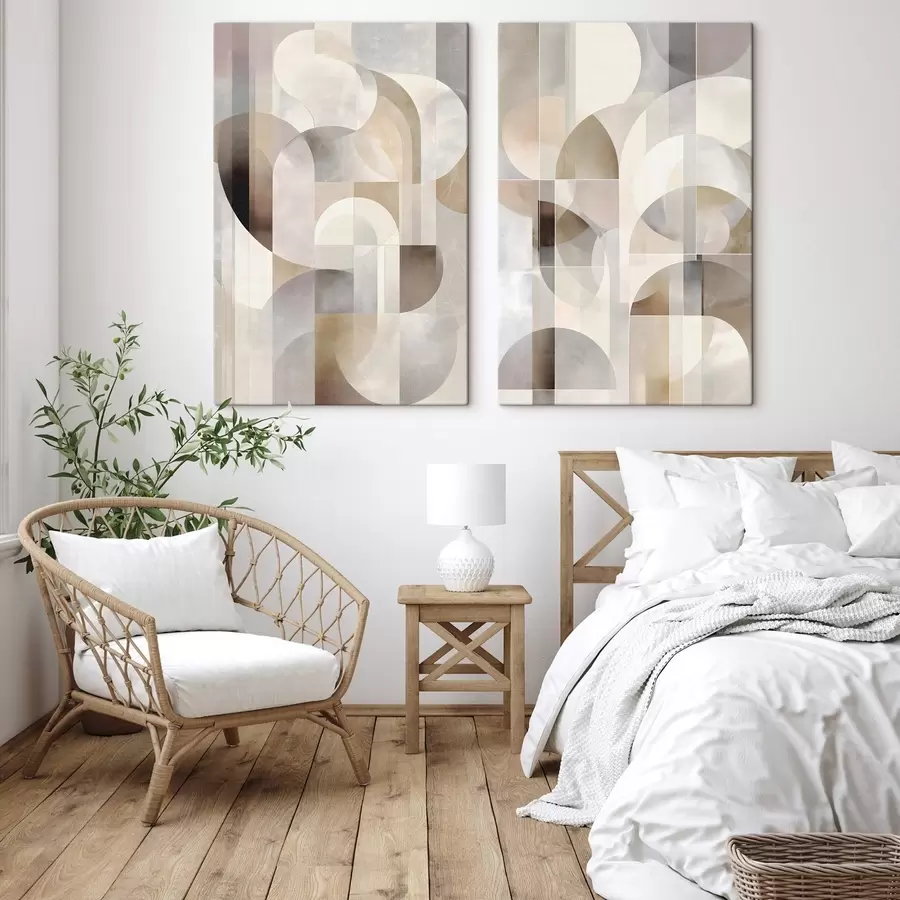 carta da parati Una composizione minimalista, geometrica e astratta, caratterizzata da una tavolozza di tenui tonalità di beige, crema, grigio-marrone e grigio-beige nr. m30725