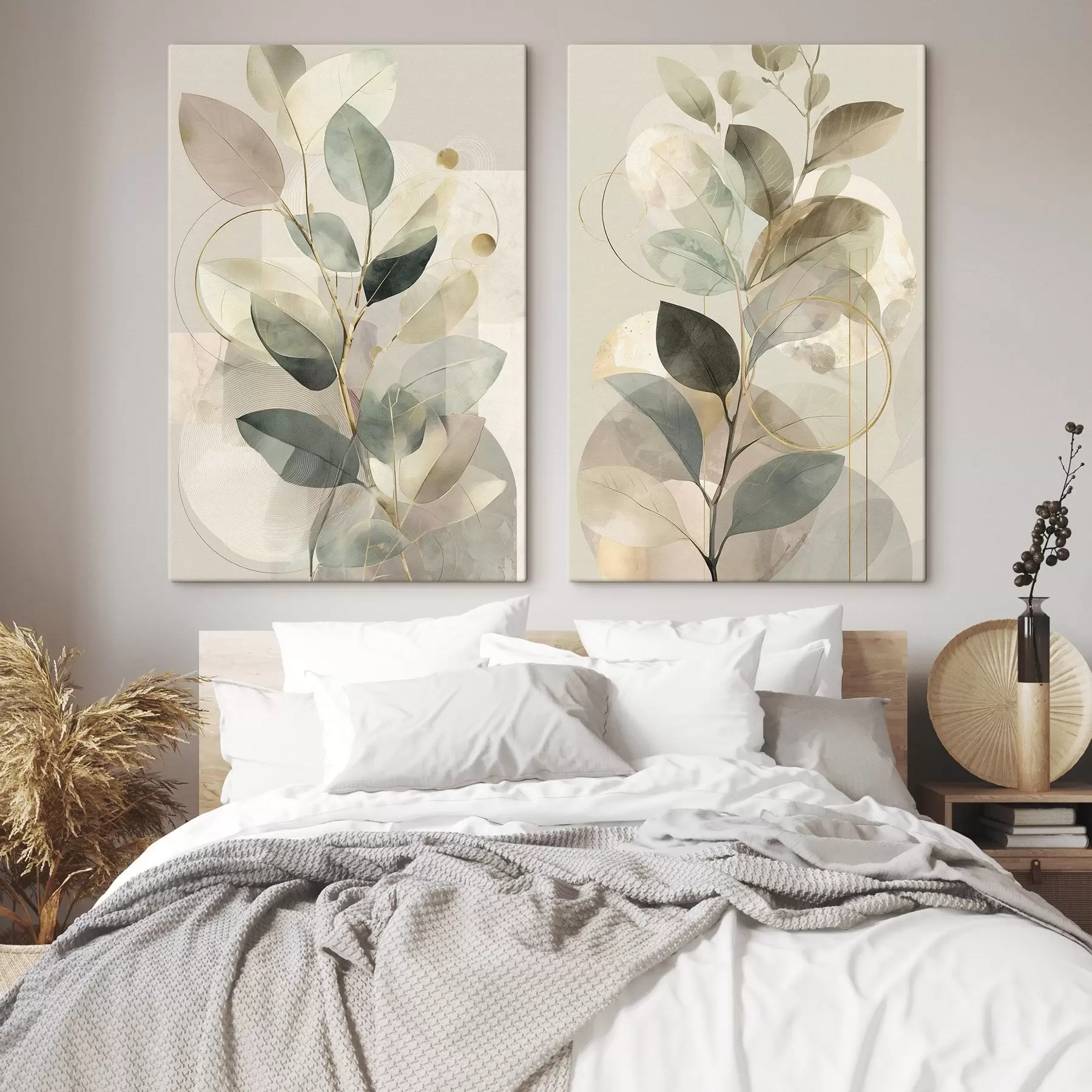 carta da parati Opera d'arte astratta in stile minimalista e botanico, raffigurante un elegante ramo d'ulivo con delicate foglie color verde salvia e beige caldo nr. m30726