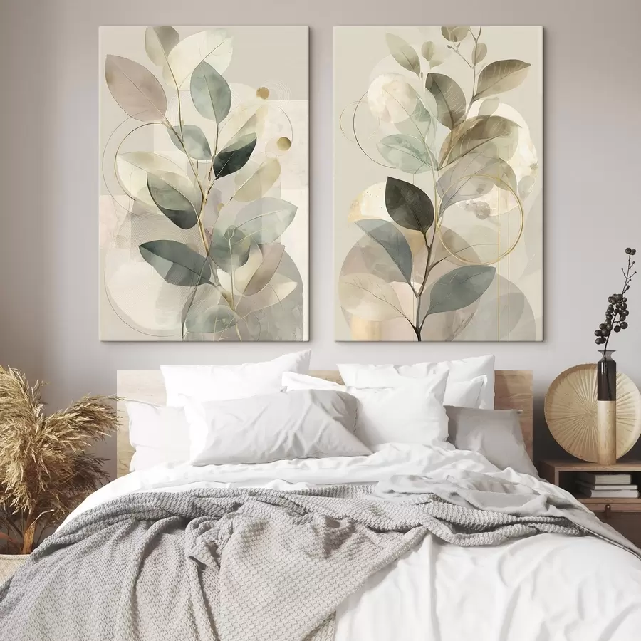 carta da parati Opera d'arte astratta in stile minimalista e botanico, raffigurante un elegante ramo d'ulivo con delicate foglie color verde salvia e beige caldo nr. m30726