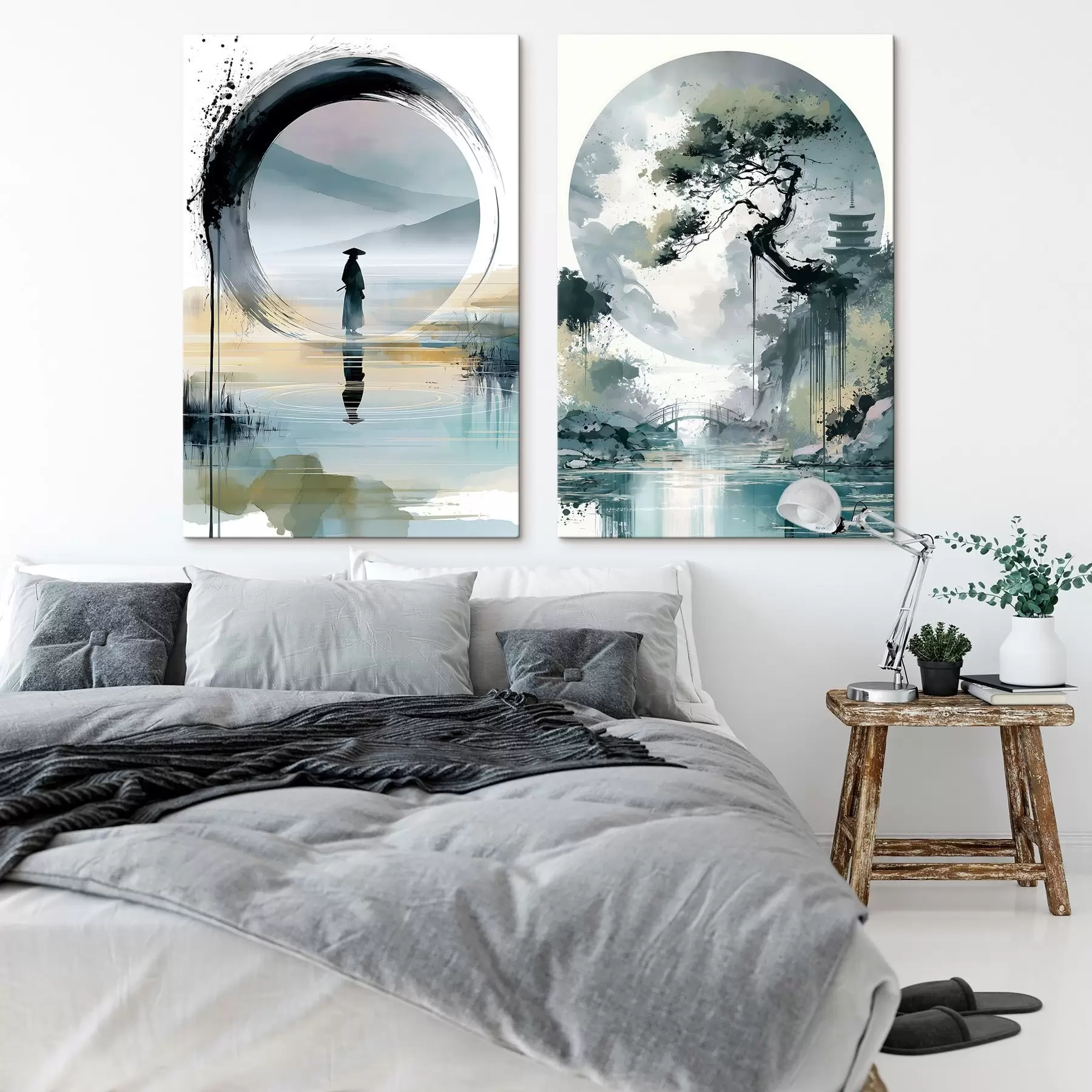 carta da parati Un paesaggio in stile sumi-e giapponese raffigurante un pino slanciato, un ponte e una pagoda sullo sfondo di acque tranquille; un samurai, un cerchio enso, un paesaggio ad acquerello nr. m30727