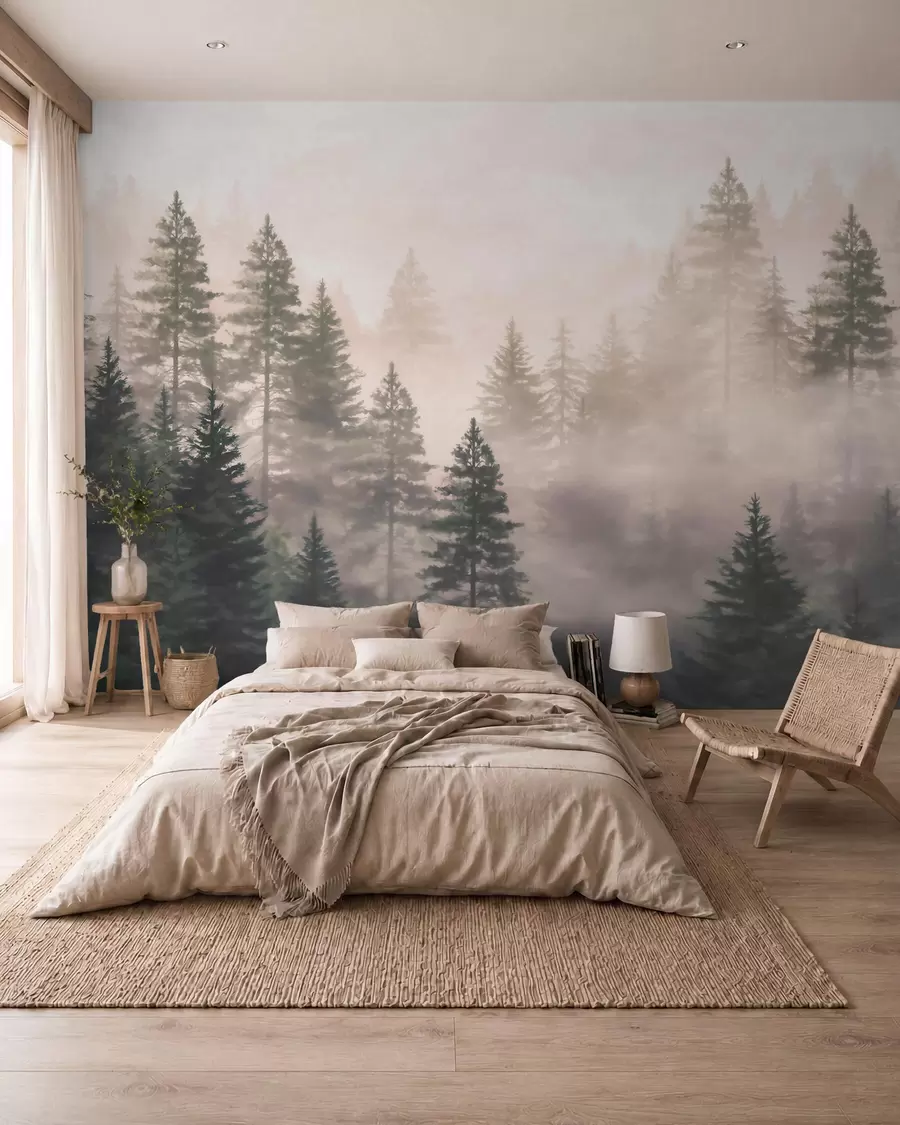 Carta da parati nature Foresta di conifere avvolta dalla nebbia, dai toni del verde scuro, in stile acquerello 