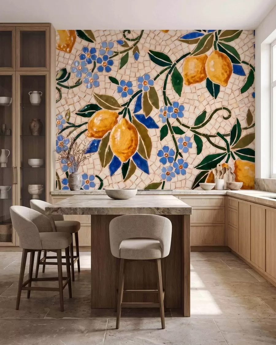 carta da parati Composizione decorativa dai colori vivaci in stile mosaico ceramico con limoni succosi, fiori, foglie e rami nr. w09948
