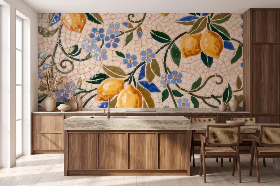 carta da parati Composizione decorativa dai colori vivaci in stile mosaico ceramico con limoni succosi, fiori, foglie e rami nr. w09948