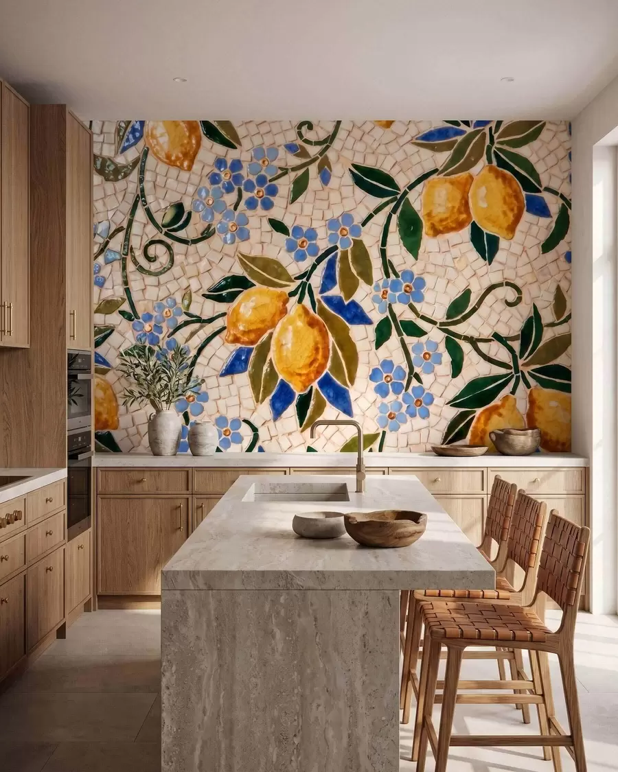 carta da parati Composizione decorativa dai colori vivaci in stile mosaico ceramico con limoni succosi, fiori, foglie e rami nr. w09948