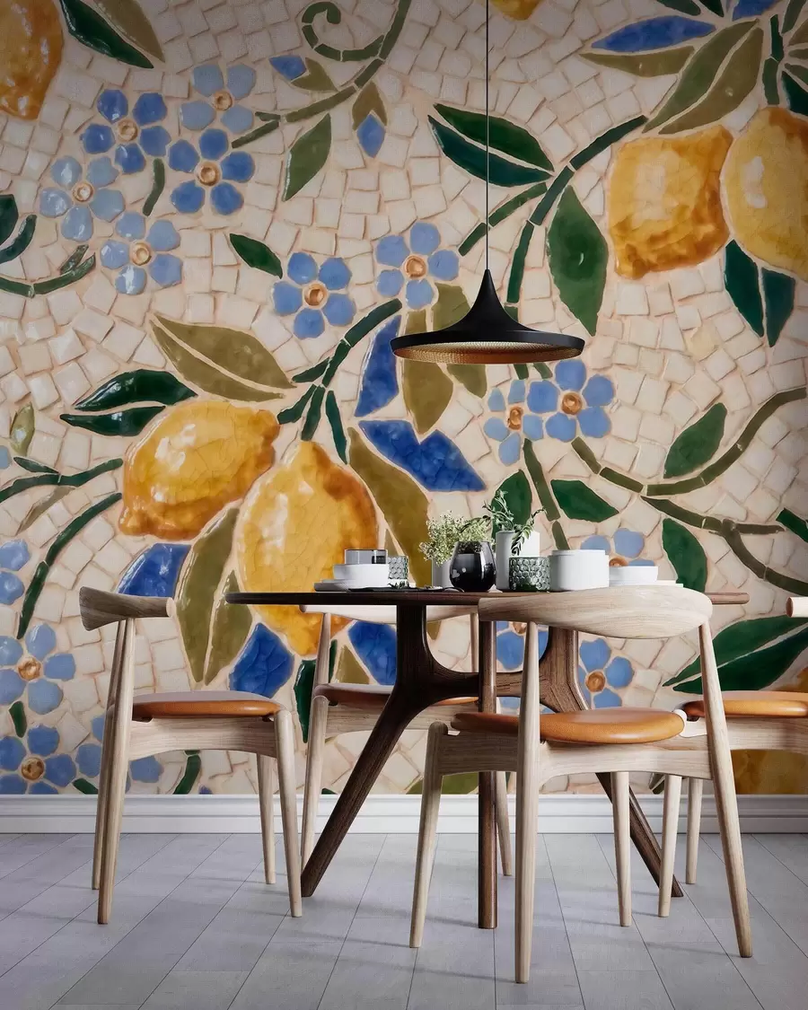 carta da parati Composizione decorativa dai colori vivaci in stile mosaico ceramico con limoni succosi, fiori, foglie e rami nr. w09948