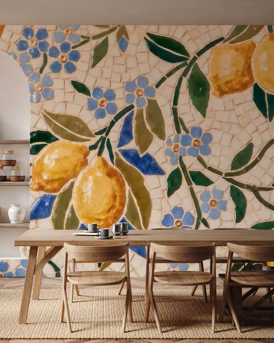 carta da parati Composizione decorativa dai colori vivaci in stile mosaico ceramico con limoni succosi, fiori, foglie e rami nr. w09948