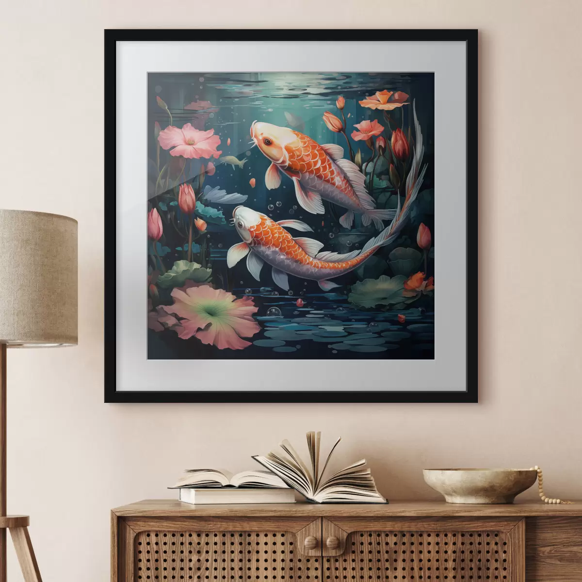 Poster Carpe koi con fiori di loto f50038
