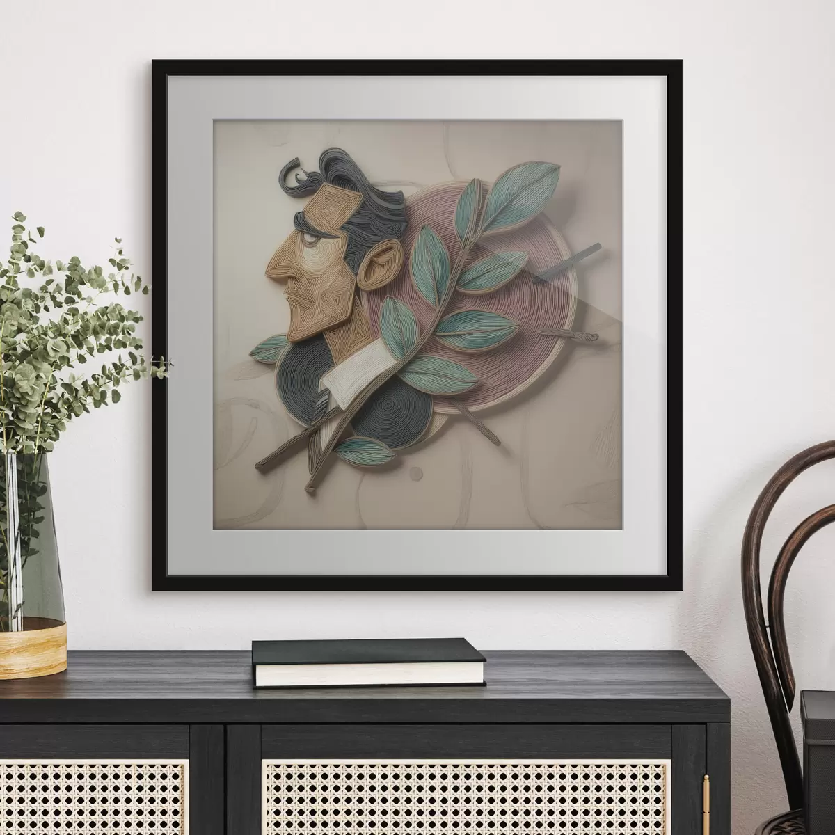 Poster Ritratto astratto di un uomo con un ramo frondoso, realizzato in uno stile illustrativo ricco di texture f49711