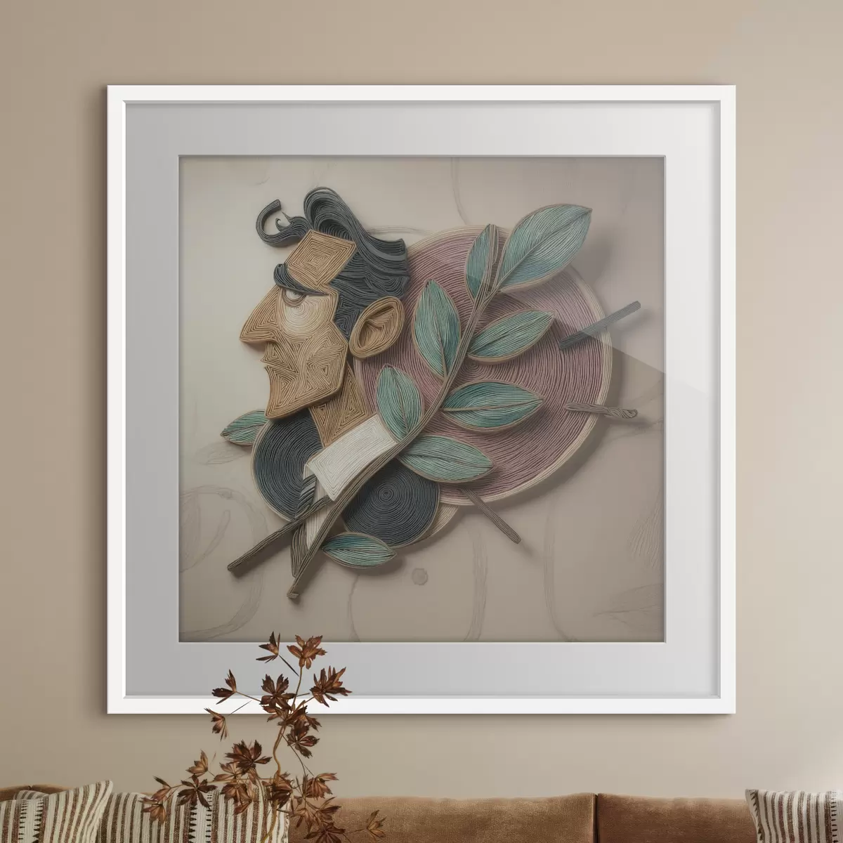 Poster Ritratto astratto di un uomo con un ramo frondoso, realizzato in uno stile illustrativo ricco di texture f49711